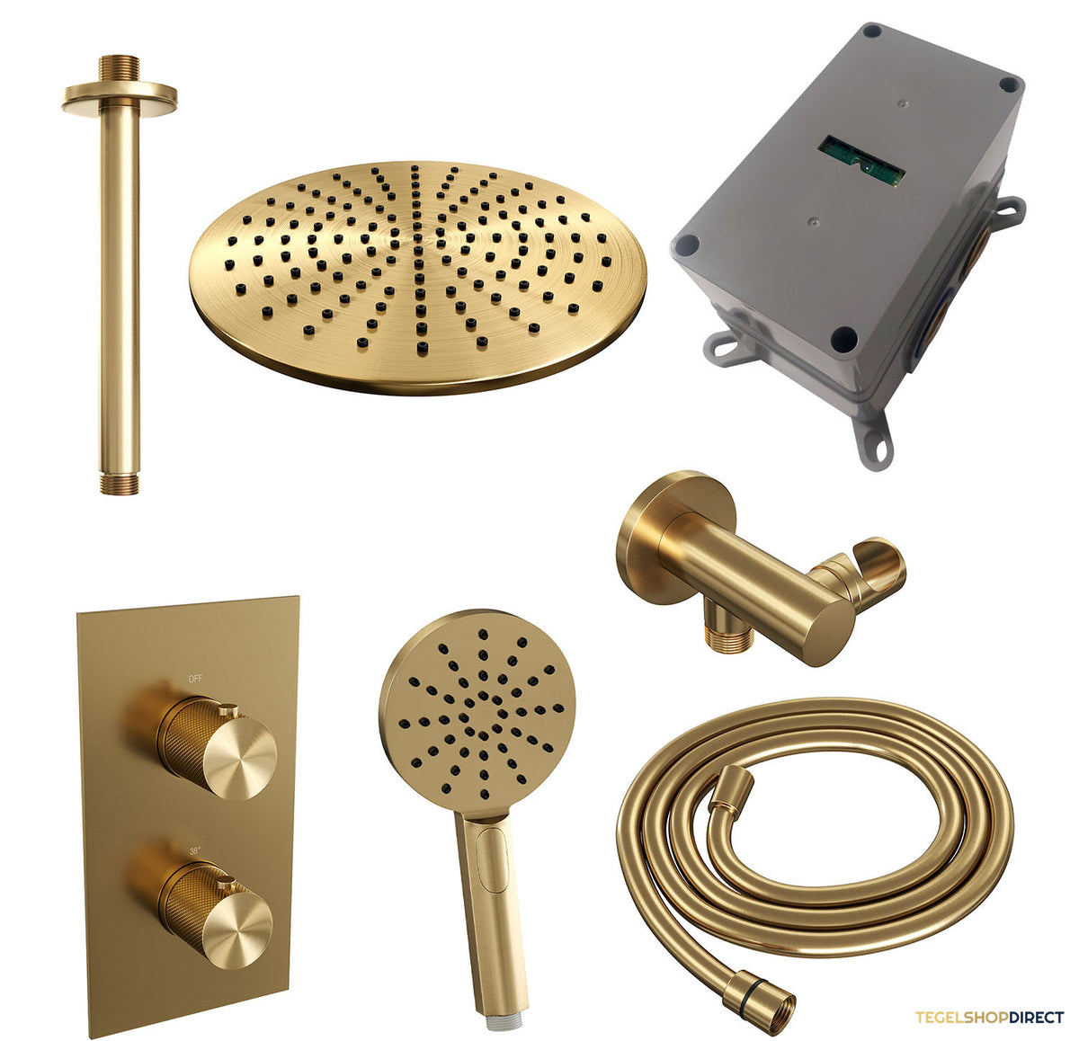 Regendoucheset Inbouw Brauer Gold Carving Thermostatisch 30cm met 3-Weg Omstelling, Plafondarm en 3-Standen Handdouche Geborsteld Goud – afbeelding 4