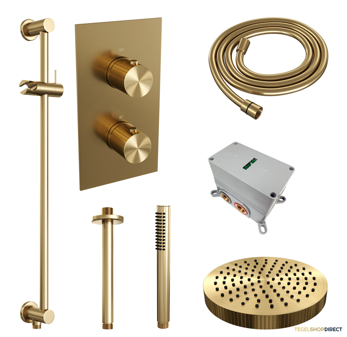 Brauer Stripe thermostatische inbouw regendouche 3-weg rechthoekig SET 21 met 25 cm douchekop en plafondarm en staaf handdouche en doucheslang en geintegreerde glijstang goud geborsteld PVD – afbeelding 3