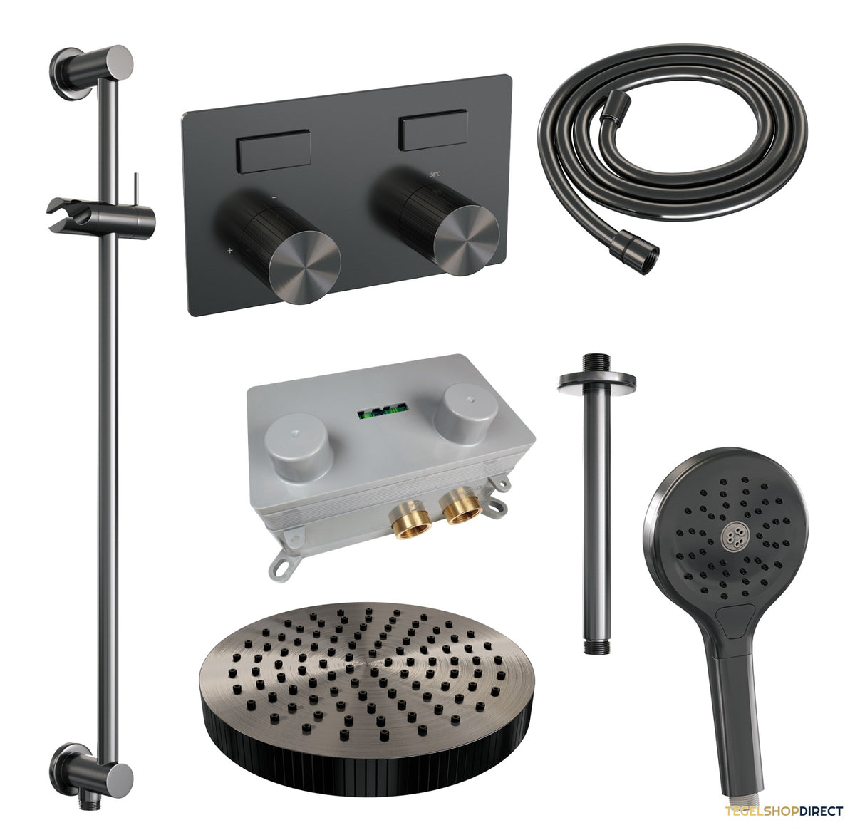 Brauer Stripe thermostatische inbouw regendouche met drukknoppen SET 36 met 25 cm douchekop en plafondarm en 3-standen handdouche en doucheslang en geintegreerde glijstang gunmetal geborsteld PVD – afbeelding 3