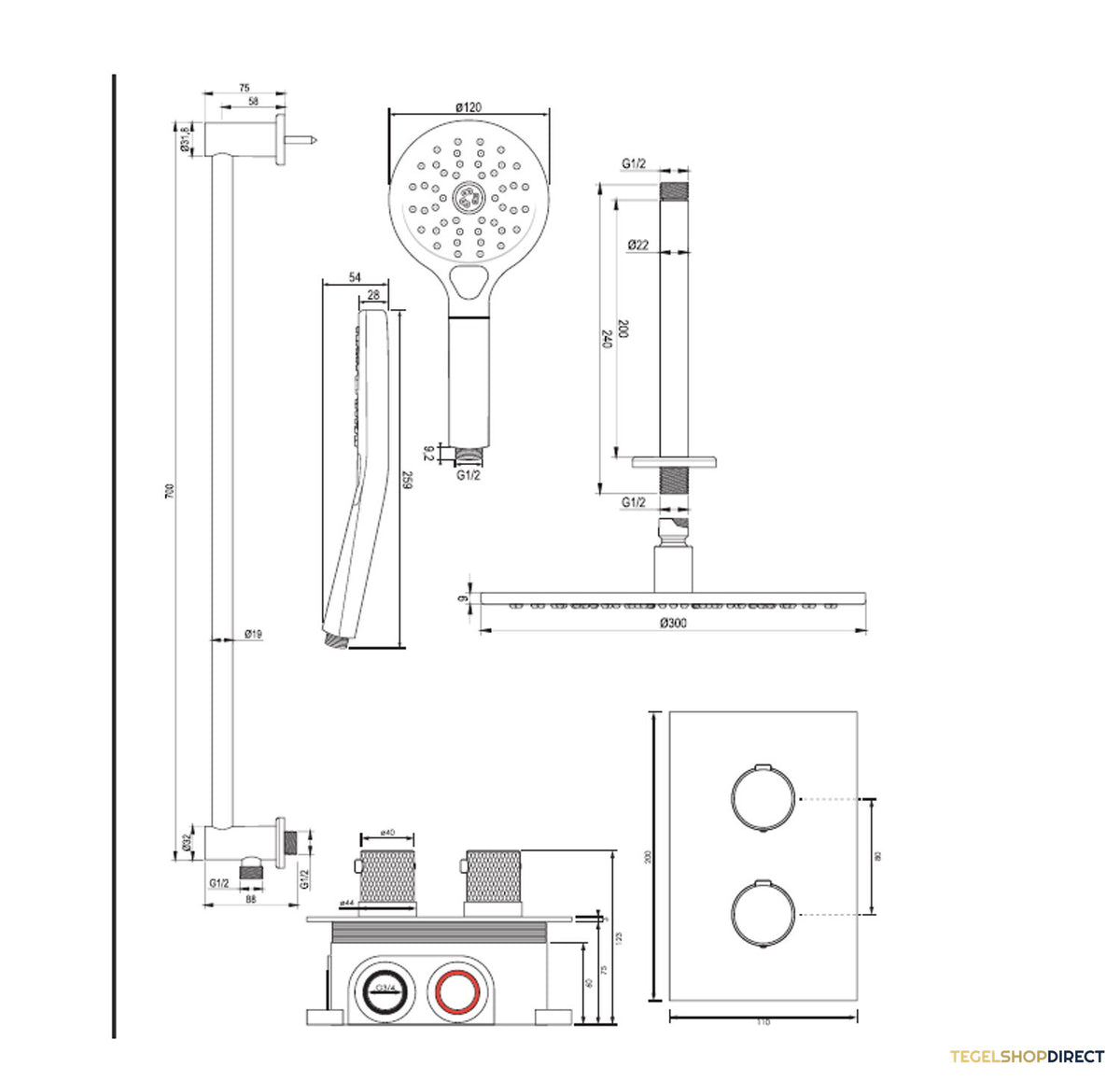 Regendoucheset Inbouw Brauer RVS Carving Thermostatisch 30cm met 3-Weg Omstelling, Plafondarm, Glijstang en Handdouche 3-Standen Geborsteld RVS – afbeelding 12