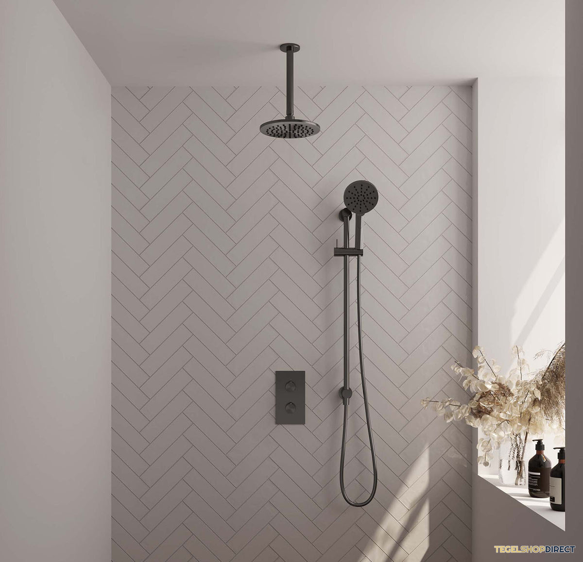 Regendoucheset Inbouw Brauer Gunmetal Carving Thermostatisch 20cm met 3-Weg Omstelling, Plafondarm, Glijstang en Handdouche 3-Standen Geborsteld Gunmetal