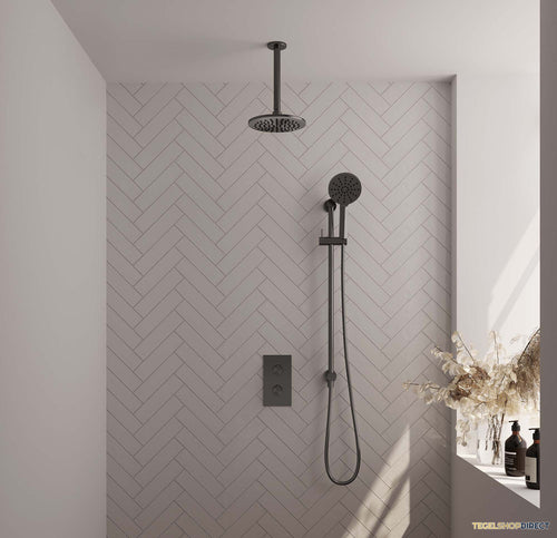 Regendoucheset Inbouw Brauer Gunmetal Carving Thermostatisch 20cm met 3-Weg Omstelling, Plafondarm, Glijstang en Handdouche 3-Standen Geborsteld Gunmetal