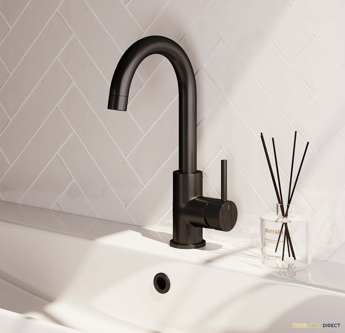 Wastafelmengkraan Brauer Black Carving Coldstart Opbouw Hoog Gebogen Ronde Hendel Mat Zwart – afbeelding 2