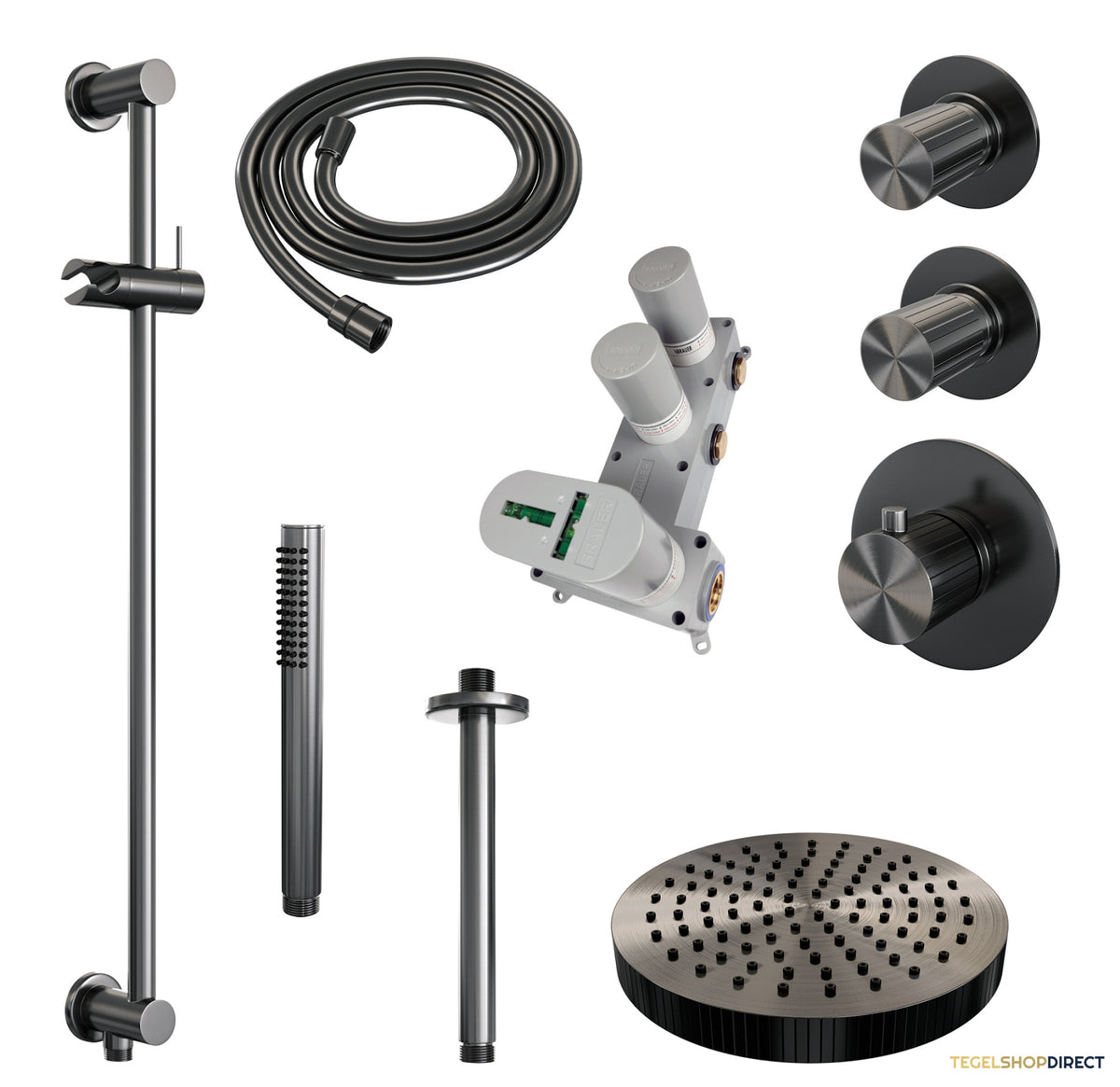 Brauer Stripe thermostatische inbouw regendouche SET 09 met 25 cm douchekop en plafondarm en staaf handdouche en doucheslang en geintegreerde glijstang gunmetal geborsteld PVD – afbeelding 3