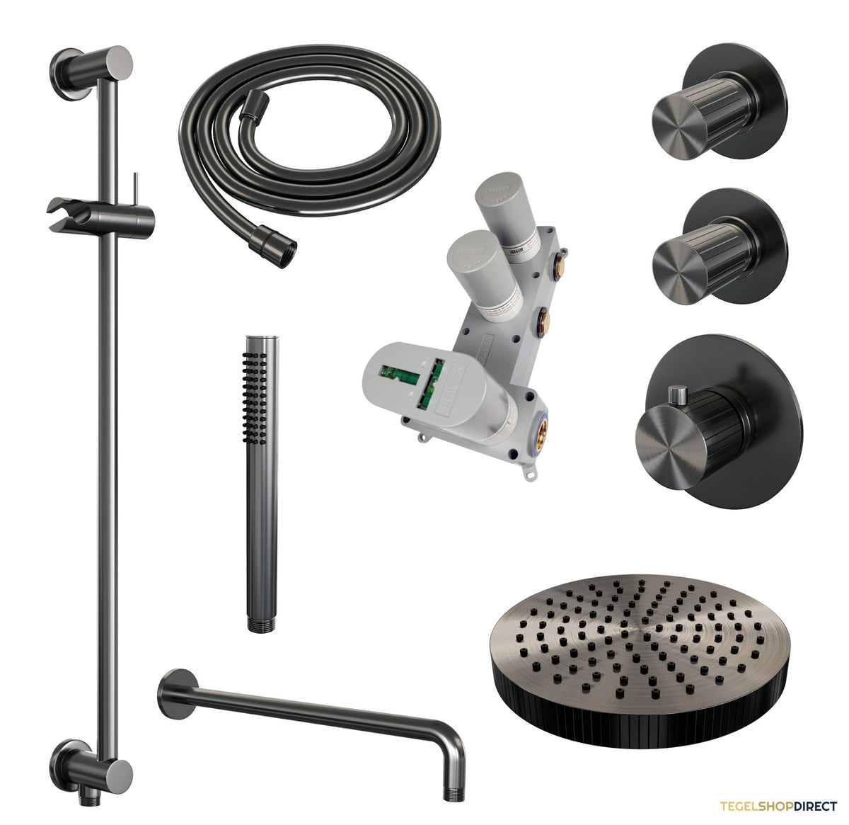 Brauer Stripe thermostatische inbouw regendouche SET 08 met 25 cm douchekop en gebogen muurarm en staaf handdouche en doucheslang en geintegreerde glijstang gunmetal geborsteld PVD – afbeelding 3