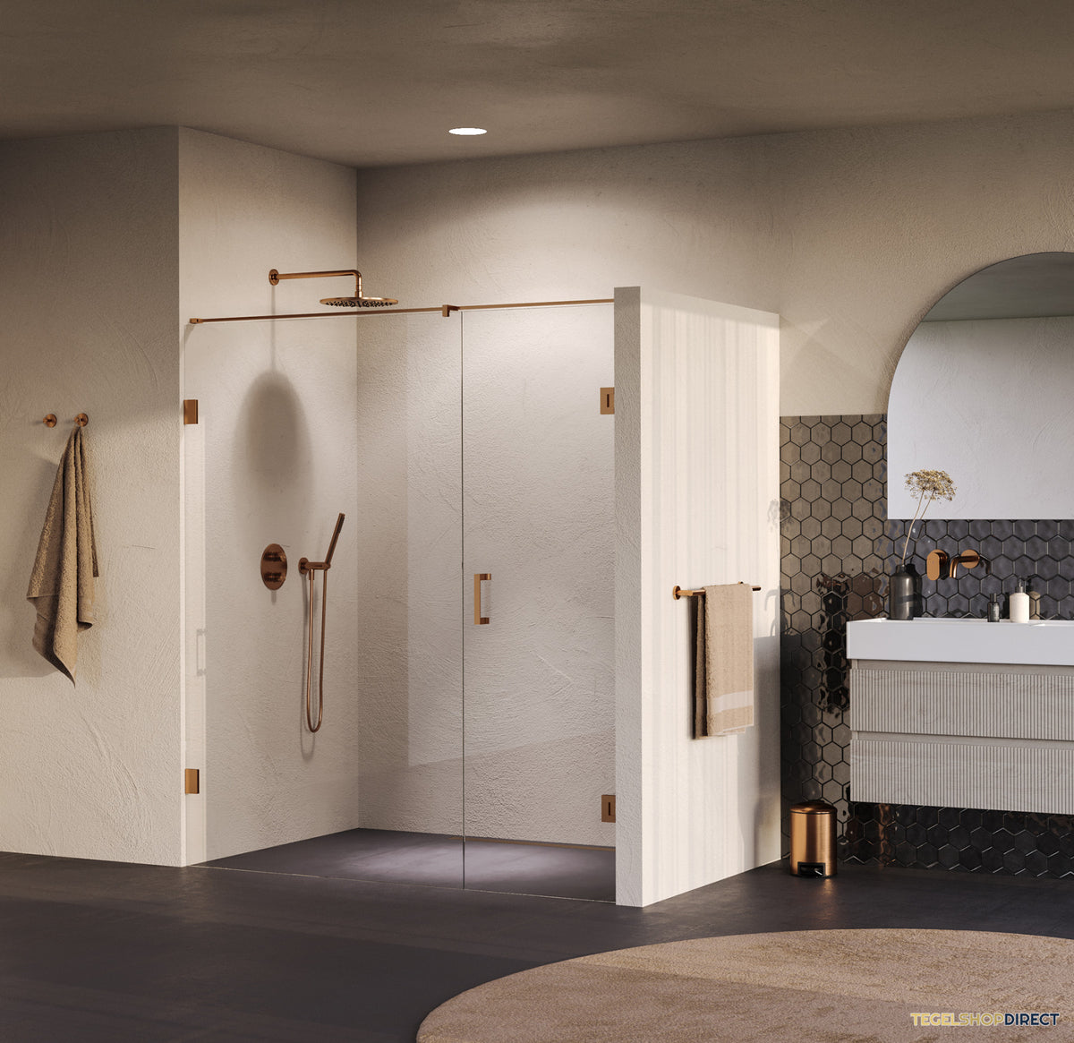 BRAUER Void nisdeur 2-delig helder glas 180x200 omkeerbaar met draaideur 70 aan muur incl. glascoating PVD koper – afbeelding 2