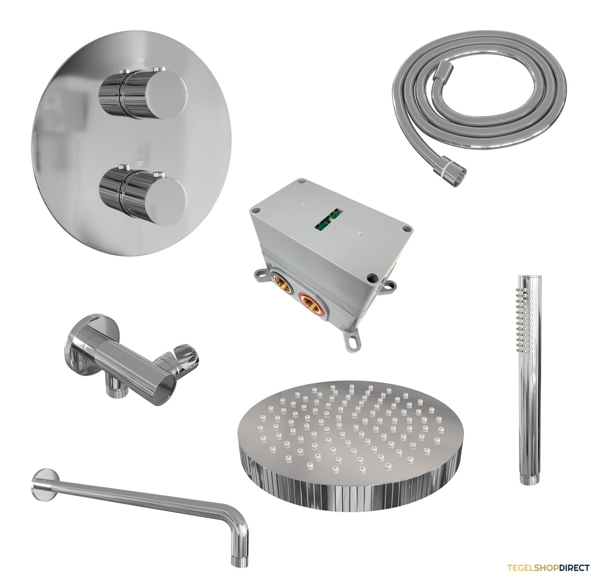Brauer Stripe thermostatische inbouw regendouche 3-weg rond SET 38 met 25 cm douchekop en gebogen muurarm en staaf handdouche en doucheslang en wandaansluitbocht chroom – afbeelding 3