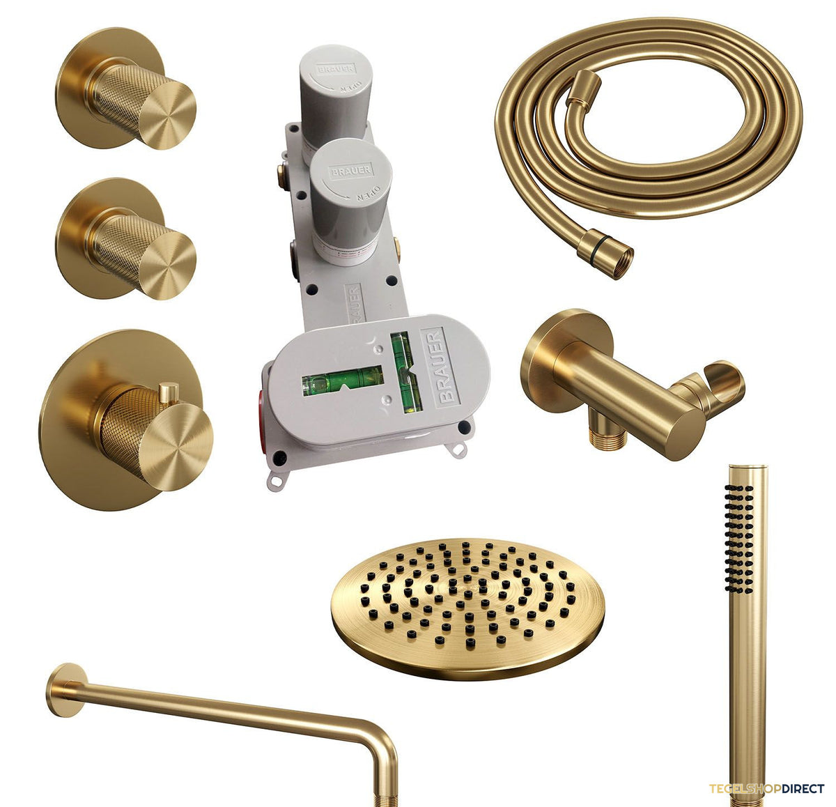 Regendoucheset Inbouw Brauer Gold Carving Thermostatisch 20cm met Gebogen Wandarm en Handdouche Staaf Losse Stopkranen Geborsteld Goud – afbeelding 4