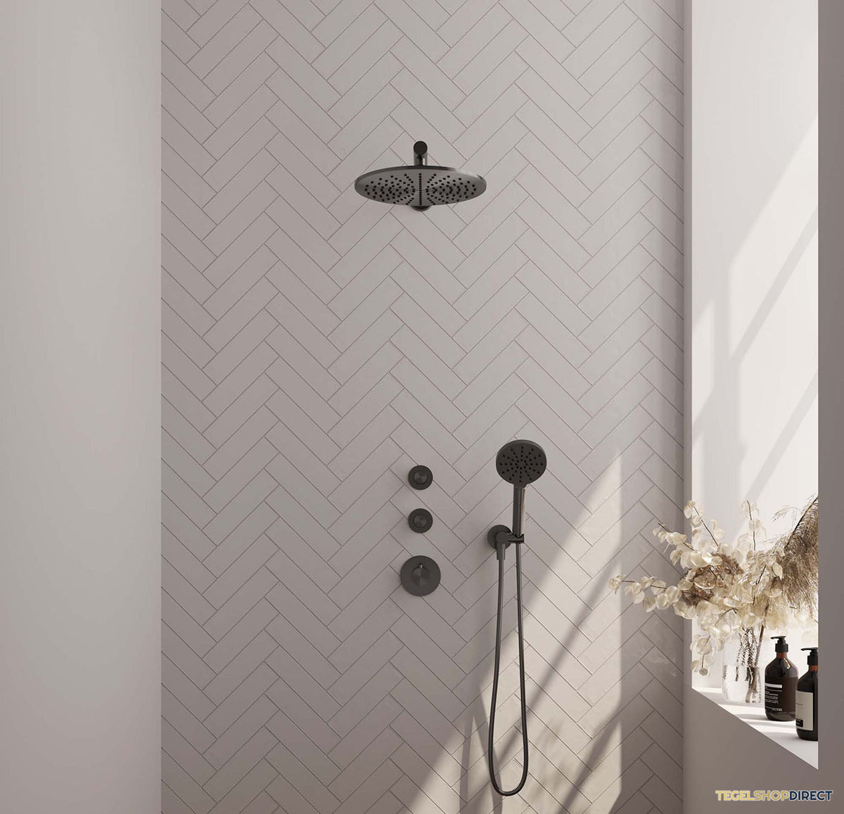 Regendoucheset Inbouw Brauer Gunmetal Carving Thermostatisch 30cm met Wandarm en Handdouche 3-Standen Losse Stopkranen Geborsteld Gunmetal