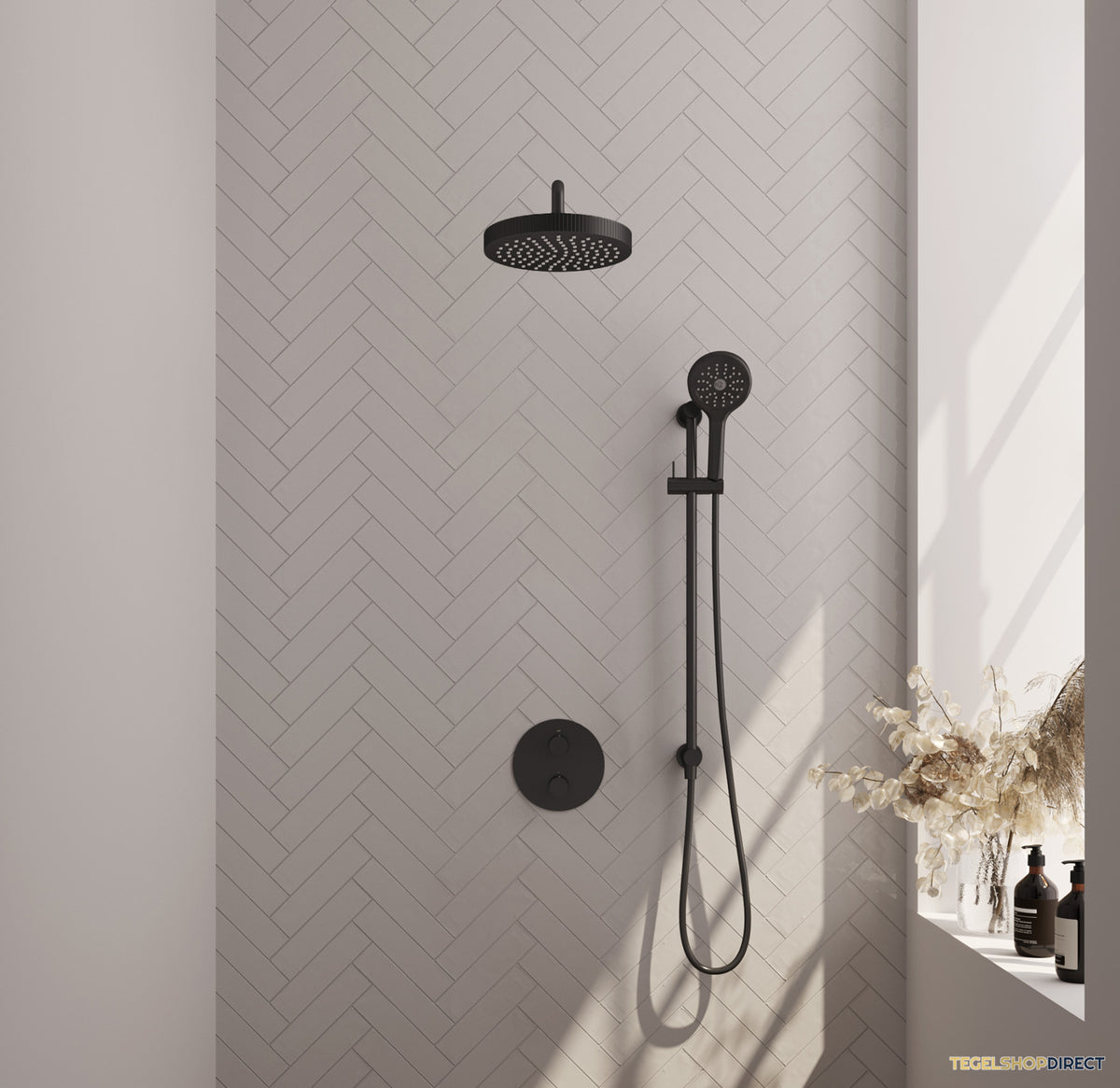 Brauer Stripe thermostatische inbouw regendouche 3-weg rond SET 47 met 25 cm douchekop en gebogen muurarm en 3-standen handdouche en doucheslang en geintegreerde glijstang mat zwart