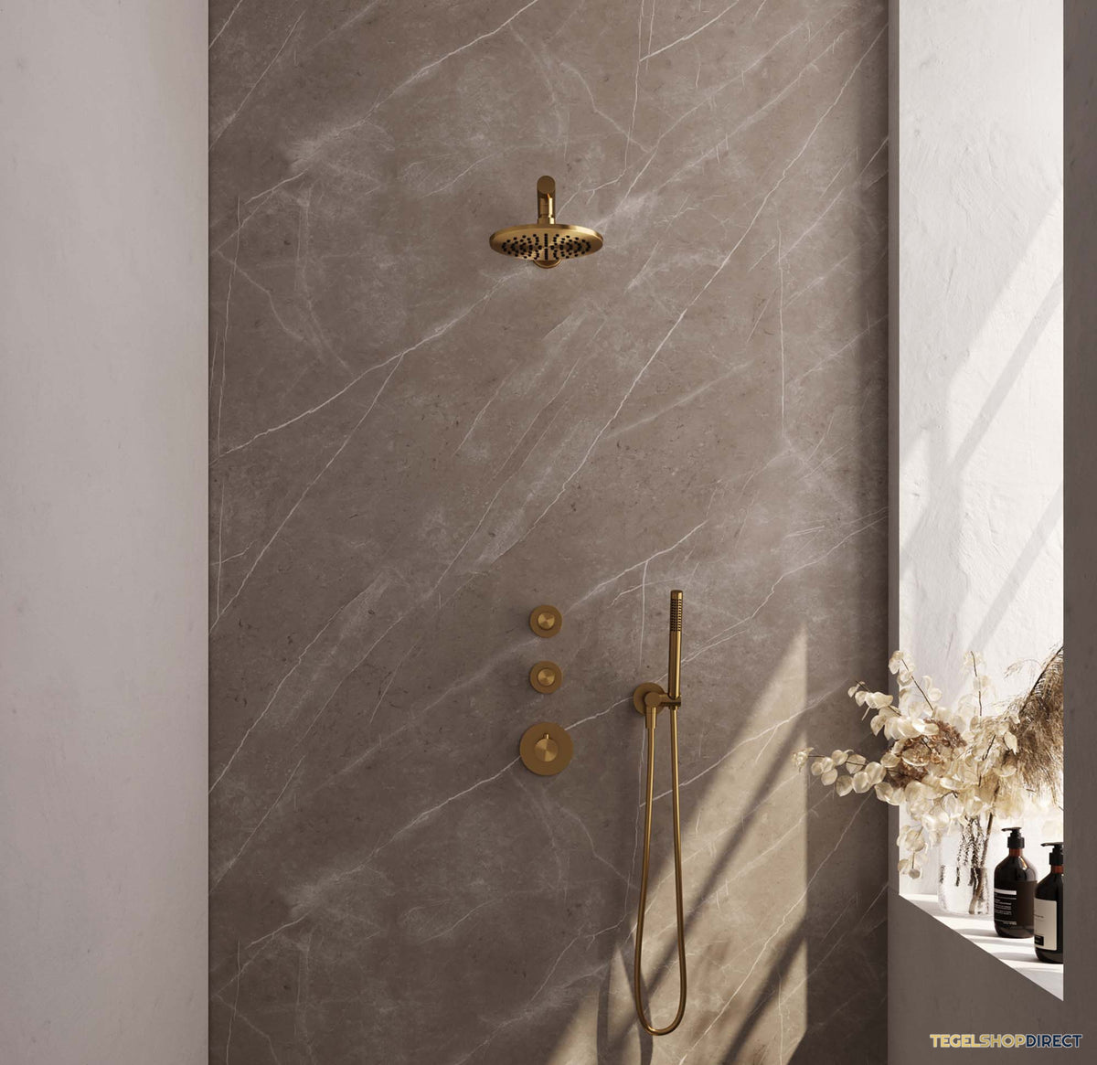 Regendoucheset Inbouw Brauer Gold Edition Thermostatisch 20cm met Wandarm en Handdouche Staaf Losse Stopkranen Geborsteld Goud