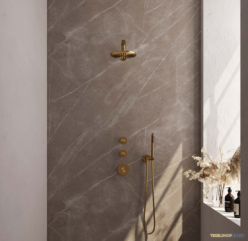 Regendoucheset Inbouw Brauer Gold Edition Thermostatisch 20cm met Wandarm en Handdouche Staaf Losse Stopkranen Geborsteld Goud