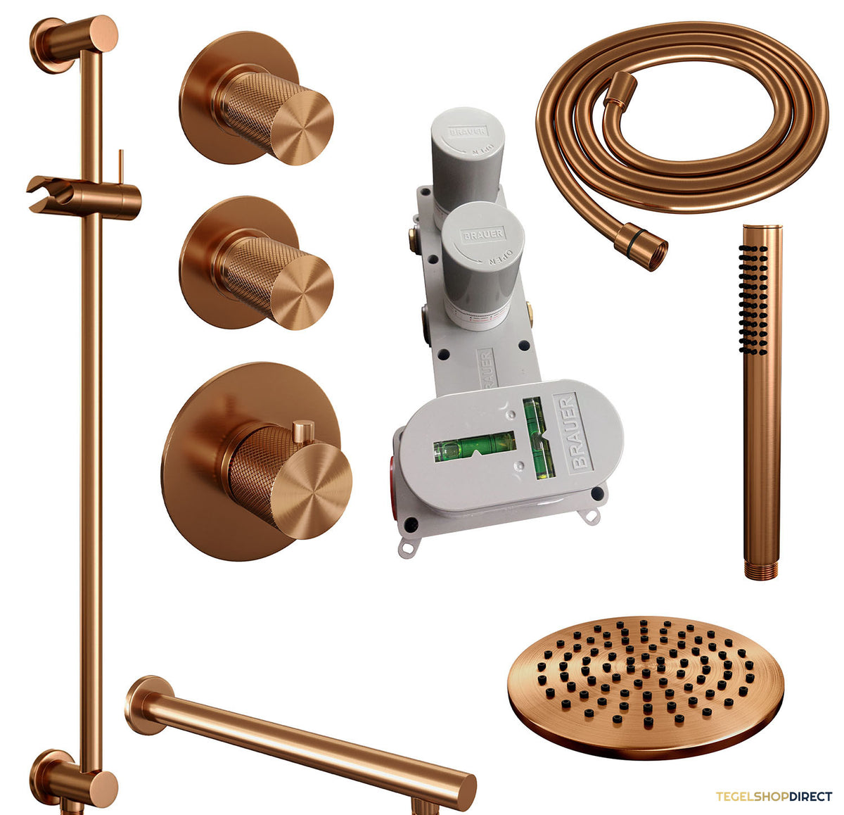 Regendoucheset Inbouw Brauer Copper Carving Thermostatisch 20cm met Wandarm, Glijstang en Handdouche Staaf Losse Stopkranen Geborsteld Koper – afbeelding 3