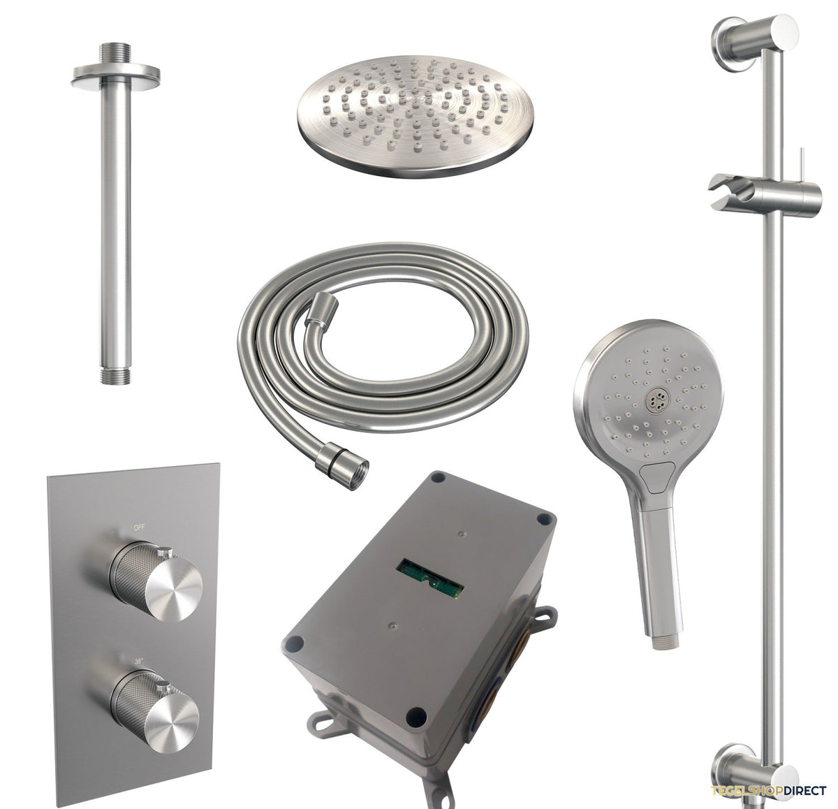 Regendoucheset Inbouw Brauer Brushed Carving Thermostatisch 20cm met 3-Weg Omstelling, Plafondarm, Glijstang en Handdouche 3-Standen Geborsteld RVS – afbeelding 11