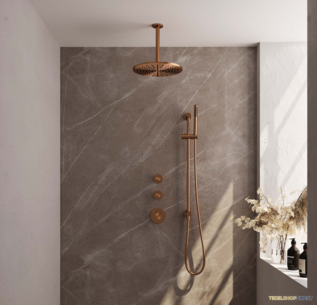 Thermostatisch Inbouwdoucheset Brauer Copper 30cm Hoofddouche Plafondarm Staafhanddouche op Glijstang Koper