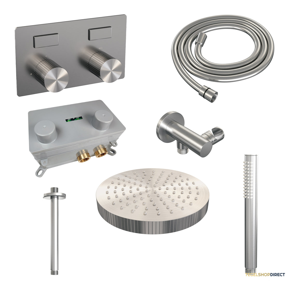 Brauer Stripe thermostatische inbouw regendouche met drukknoppen SET 27 met 25 cm douchekop en plafondarm en staaf handdouche en doucheslang en wandaansluitbocht RVS-kleurig geborsteld PVD – afbeelding 3