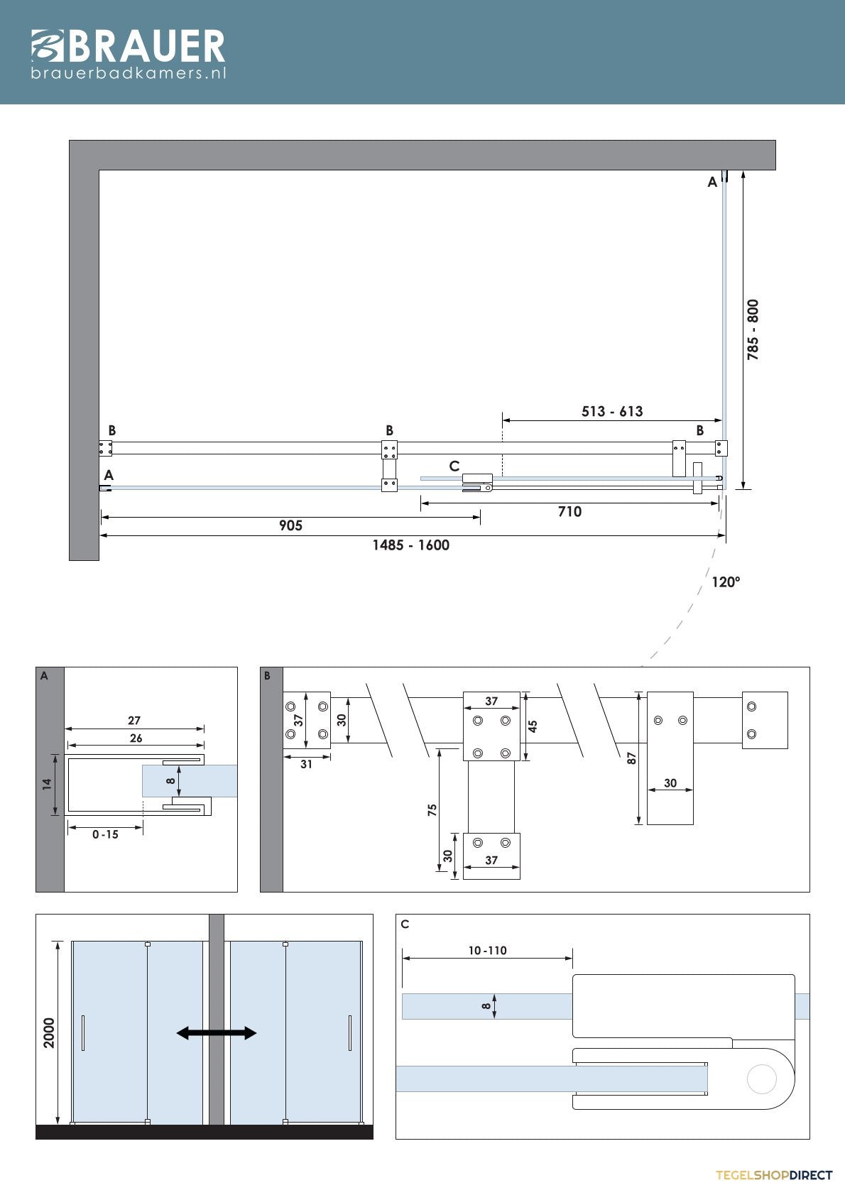 BRAUER Stellar douchecabine met draaideur helder glas 160x80x200 omkeerbaar incl. glascoating mat zwart – afbeelding 7