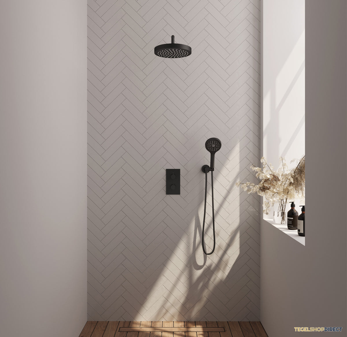 Brauer Stripe thermostatische inbouw regendouche 3-weg rechthoekig SET 17 met 25 cm douchekop en gebogen muurarm en 3-standen handdouche en doucheslang en wandaansluitbocht mat zwart – afbeelding 2