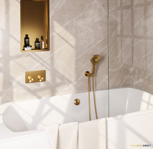 Brauer Stripe thermostatische inbouw badkraan met drukknoppen SET 04 met badvulcombinatie en 3-standen handdouche en doucheslang en wandaansluitbocht goud geborsteld PVD
