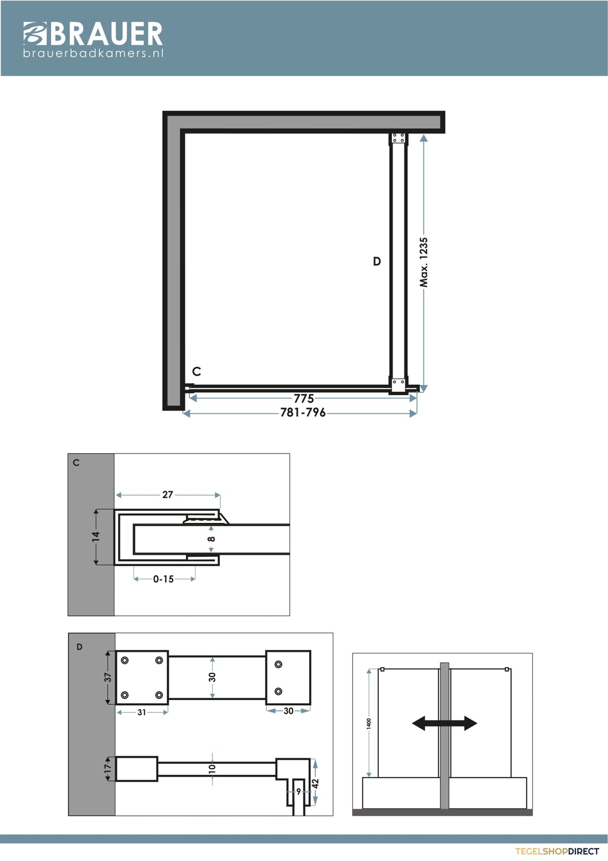 BRAUER Oblivion Badwand 80x140 Brons Glas Incl. Glascoating PVD RVS-Kleurig Geborsteld – afbeelding 5