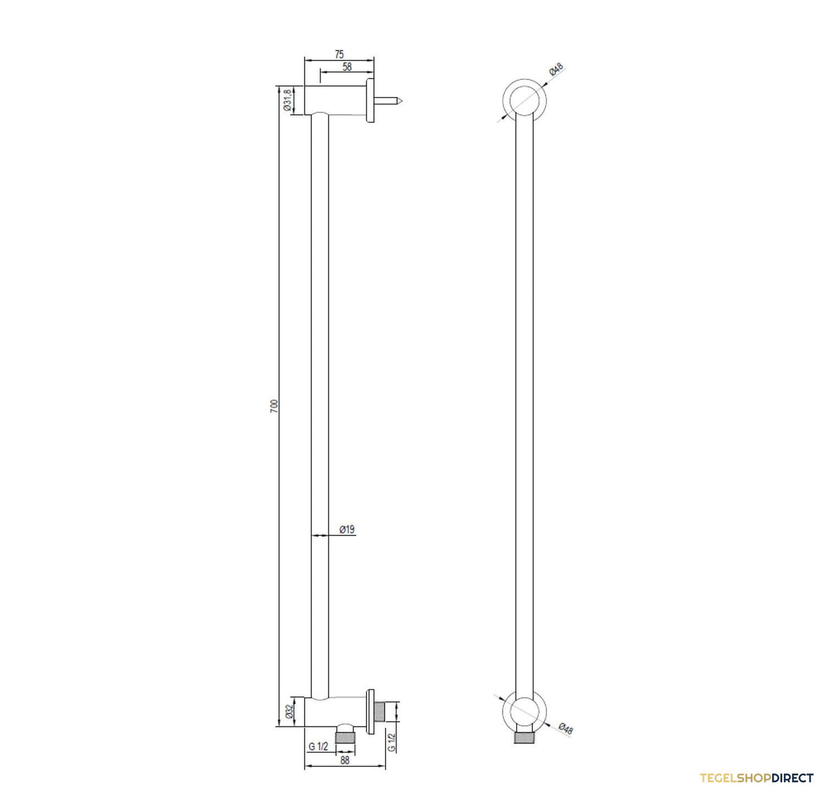 Glijstang Brauer Brushed 70 cm Met Wandaansluitbocht Geborsteld RVS – afbeelding 2