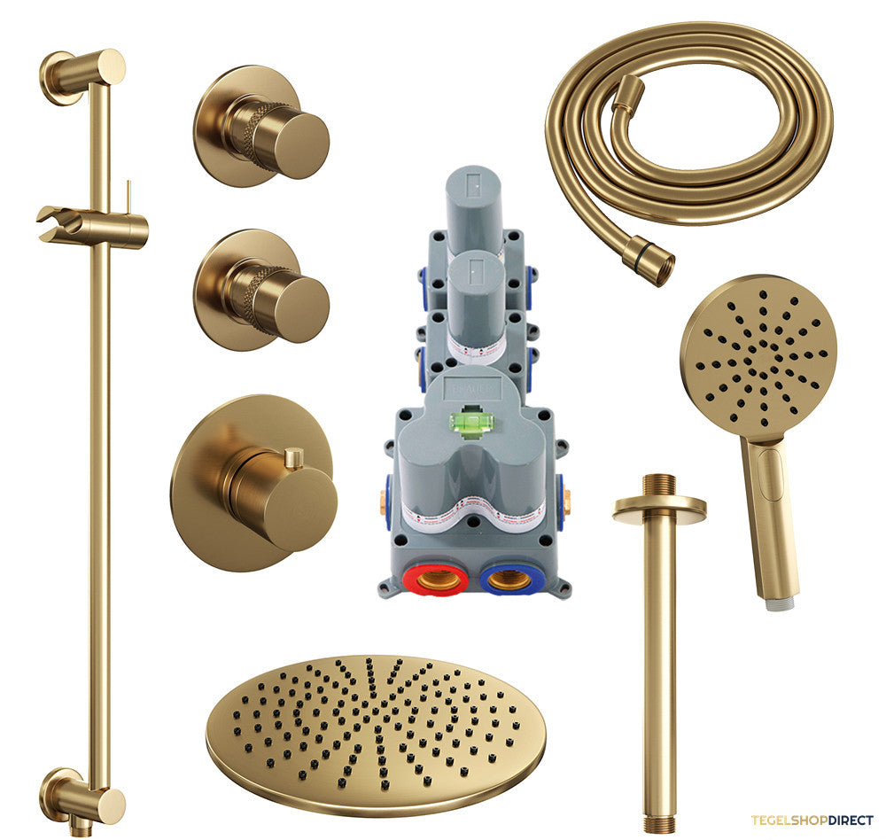 Regendoucheset Inbouw Brauer Gold Edition Thermostatisch 30cm met Plafondarm, Glijstang en Handdouche 3-Standen Losse Stopkranen Geborsteld Goud – afbeelding 2