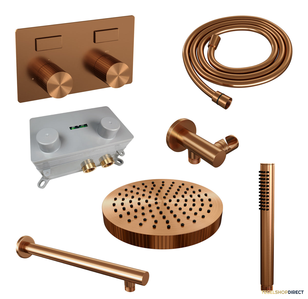 Brauer Stripe thermostatische inbouw regendouche met drukknoppen SET 25 met 25 cm douchekop en rechte muurarm en staaf handdouche en doucheslang en wandaansluitbocht koper geborsteld PVD – afbeelding 3
