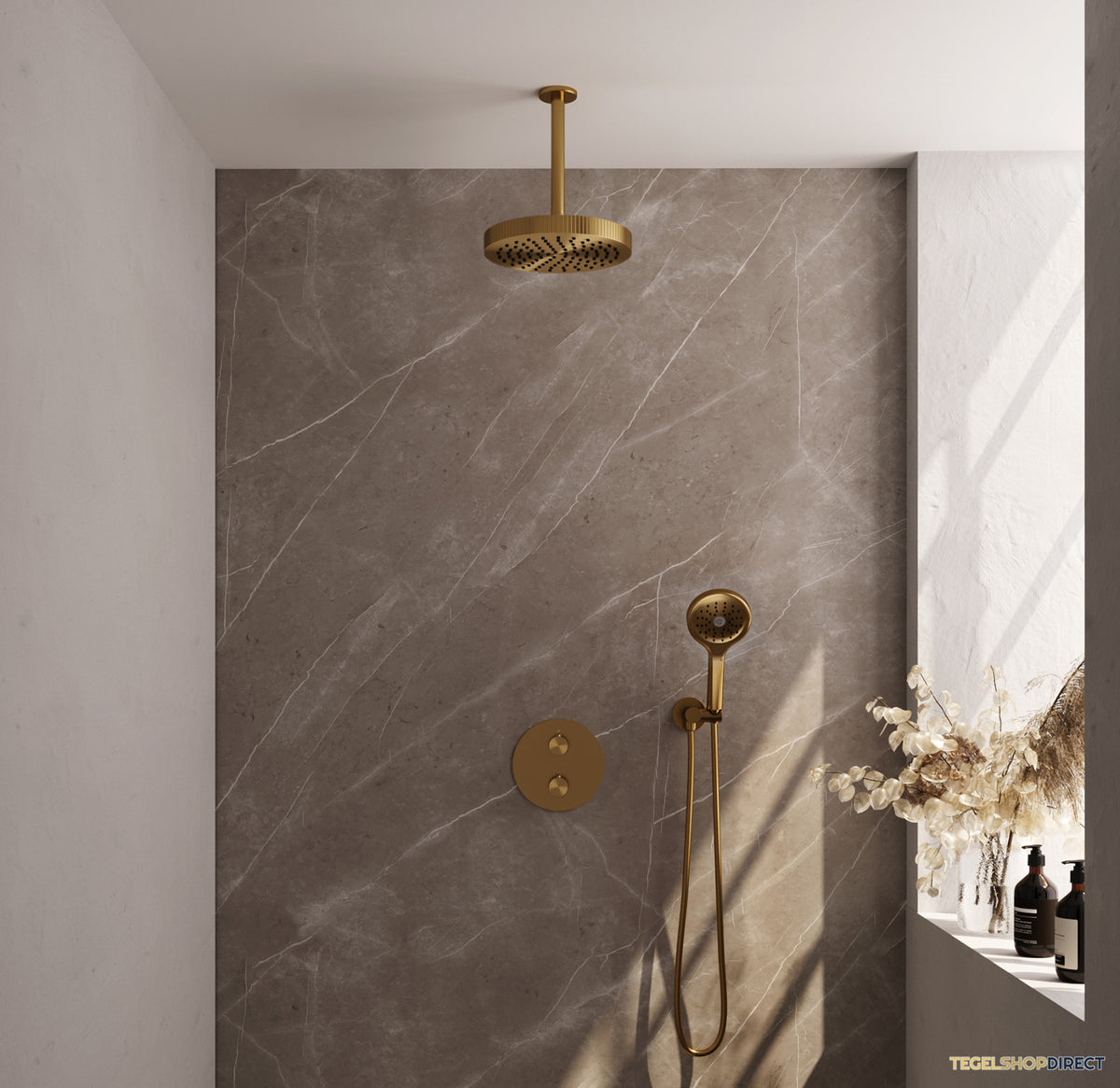 Brauer Stripe thermostatische inbouw regendouche 3-weg rond SET 42 met 25 cm douchekop en plafondarm en 3-standen handdouche en doucheslang en wandaansluitbocht goud geborsteld PVD