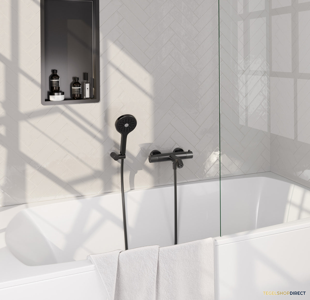 Brauer Stripe opbouw baddouche thermostaatkraan SET 04 met wandhouder en 3-standen handdouche en doucheslang gunmetal geborsteld PVD