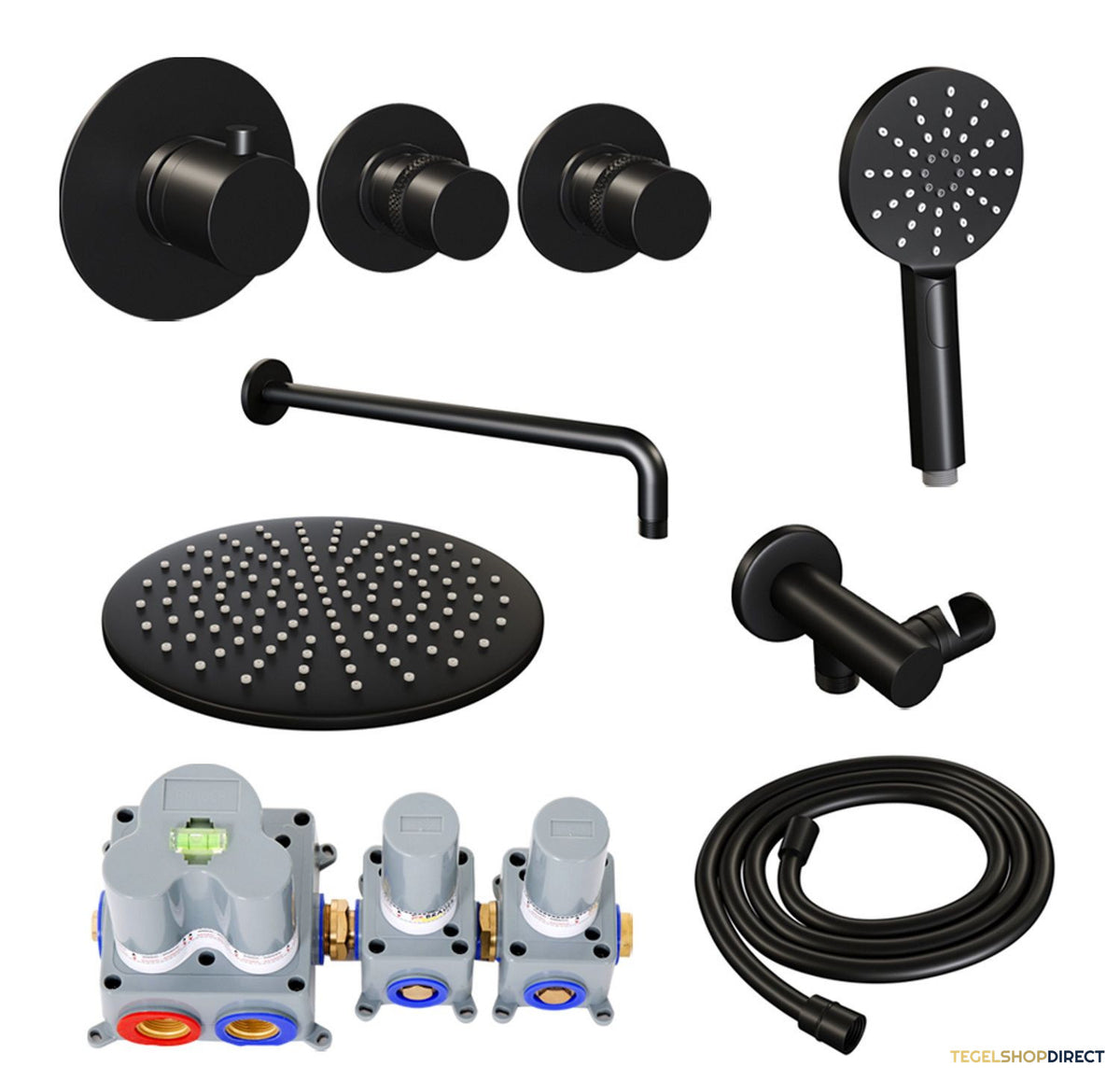 Inbouw Regendouche Set Brauer Black Edition Gebogen Wanduitloop Ronde Hoofddouche 30 cm Met Twee Stopkranen en Handdouche 3 Standen Mat Zwart – afbeelding 2