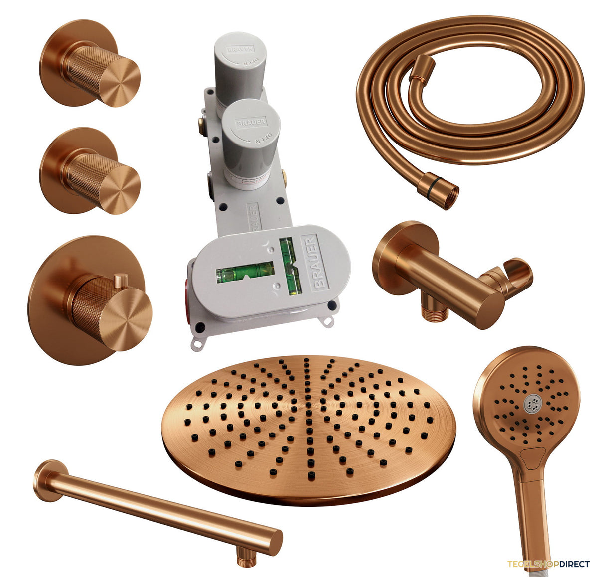 Regendoucheset Inbouw Brauer Copper Carving Thermostatisch 30cm met Wandarm en Handdouche 3-Standen Losse Stopkranen Geborsteld Koper – afbeelding 11
