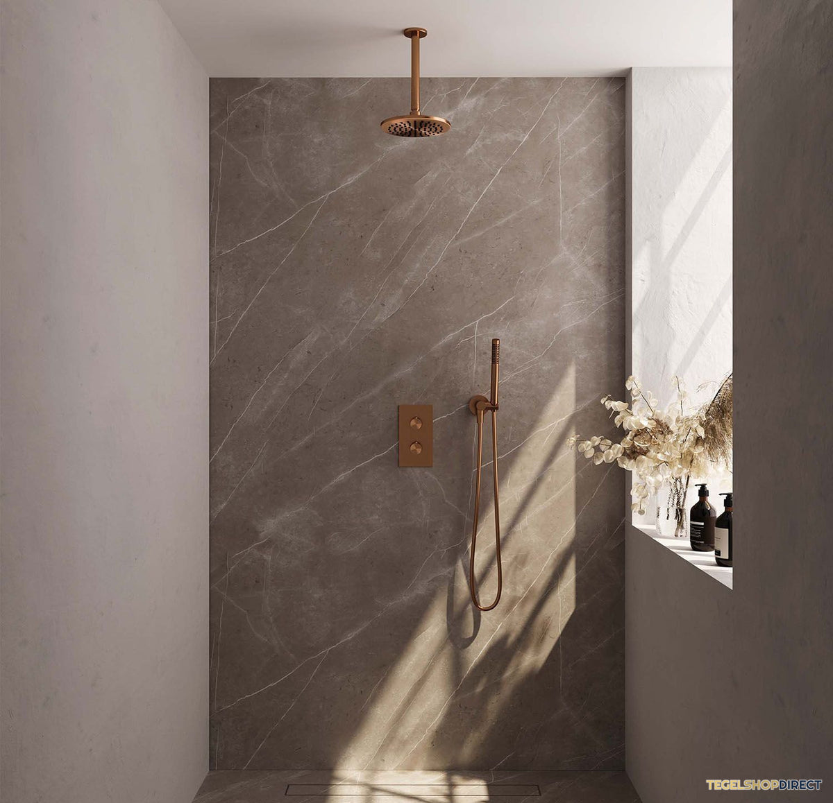 Regendoucheset Inbouw Brauer Copper Carving Thermostatisch 20cm met 3-Weg Omstelling, Plafondarm en Staaf Handdouche Geborsteld Koper – afbeelding 2