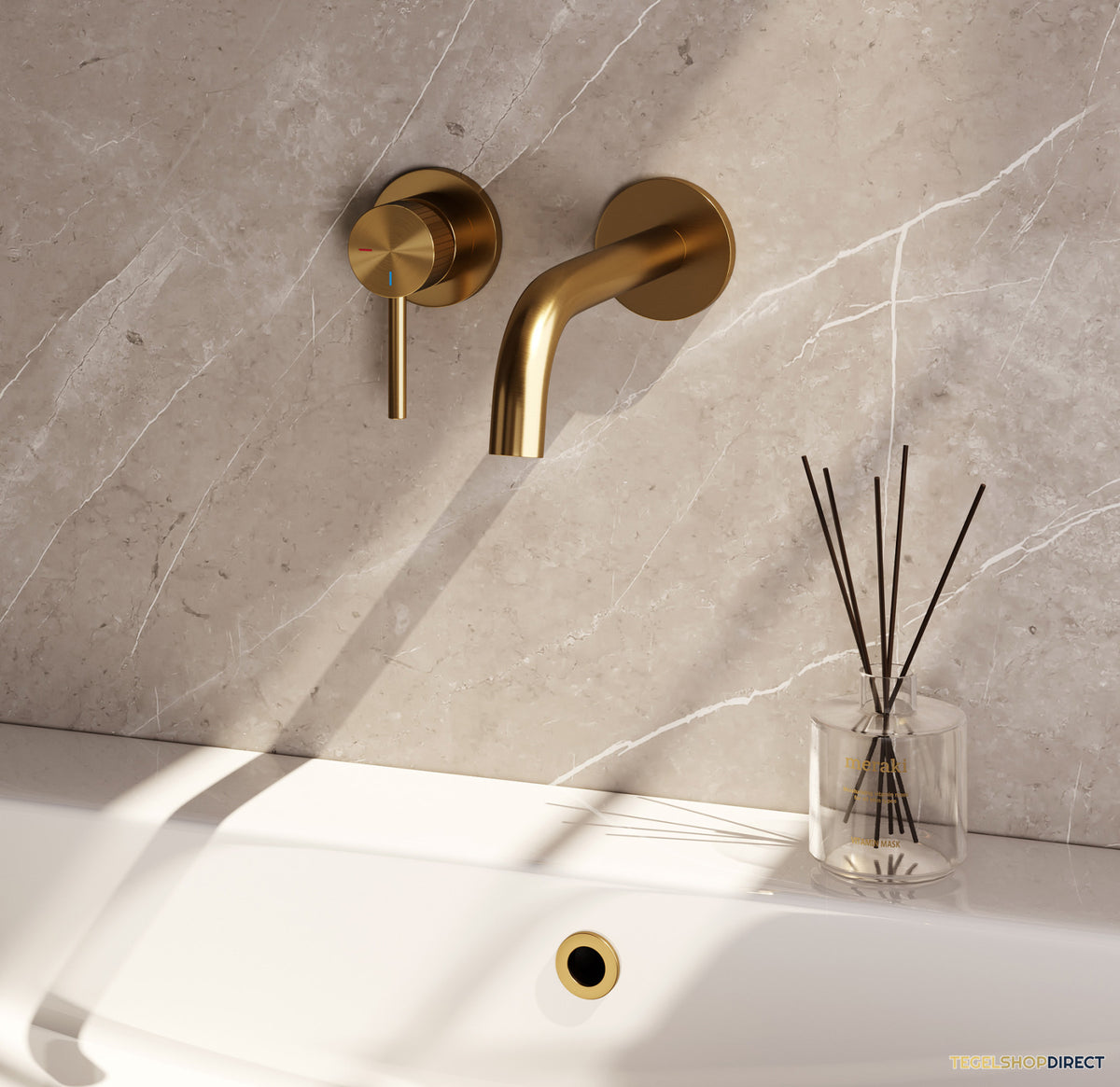 Brauer Stripe inbouw wastafelmengkraan met gebogen uitloop en rozetten model A2 goud geborsteld PVD – afbeelding 2