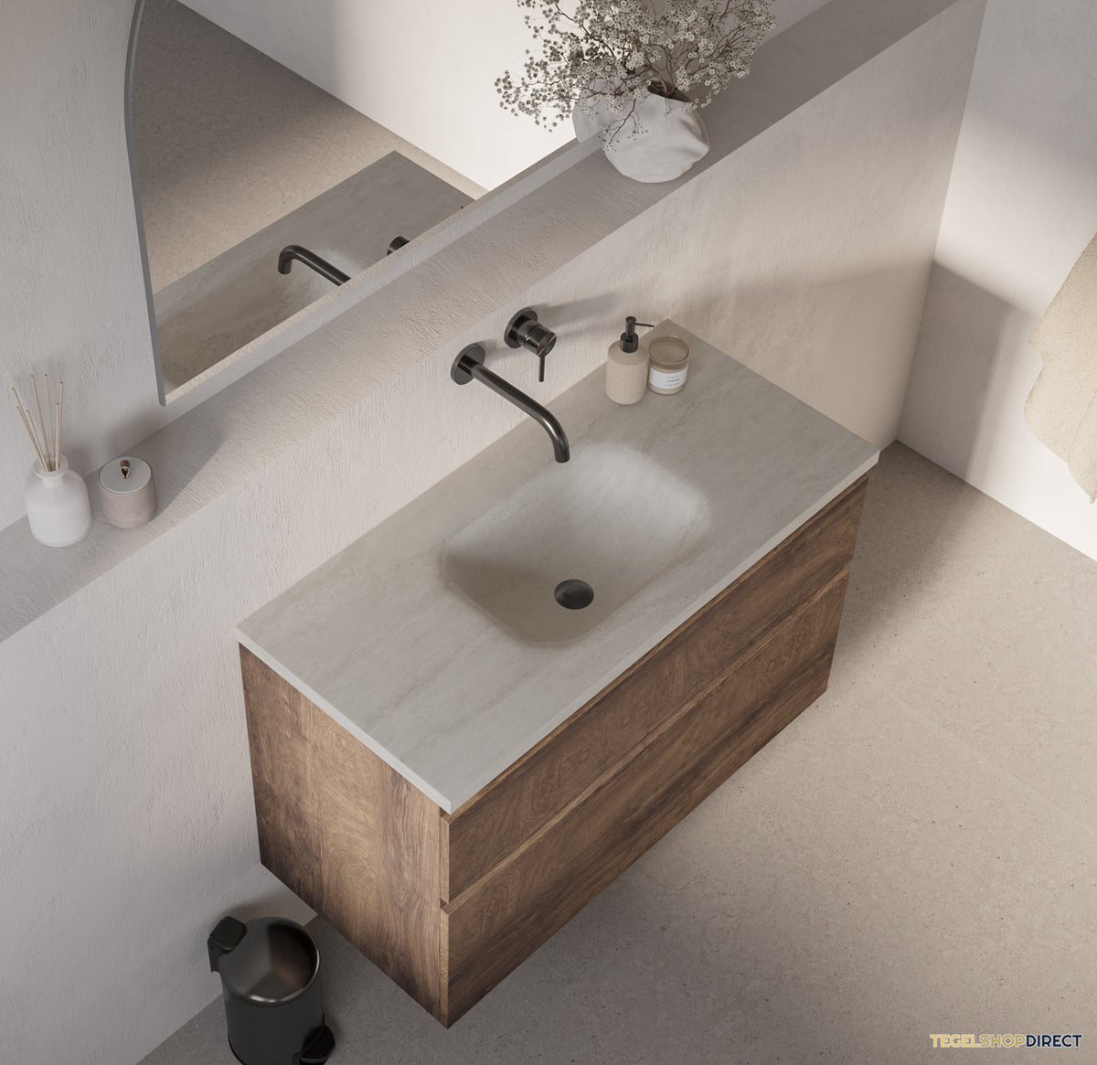 BRAUER Dune Medium wastafel 100 cm met 1 wasbak en 0 kraangaten Sintered Stone Ivory Travertin – afbeelding 2