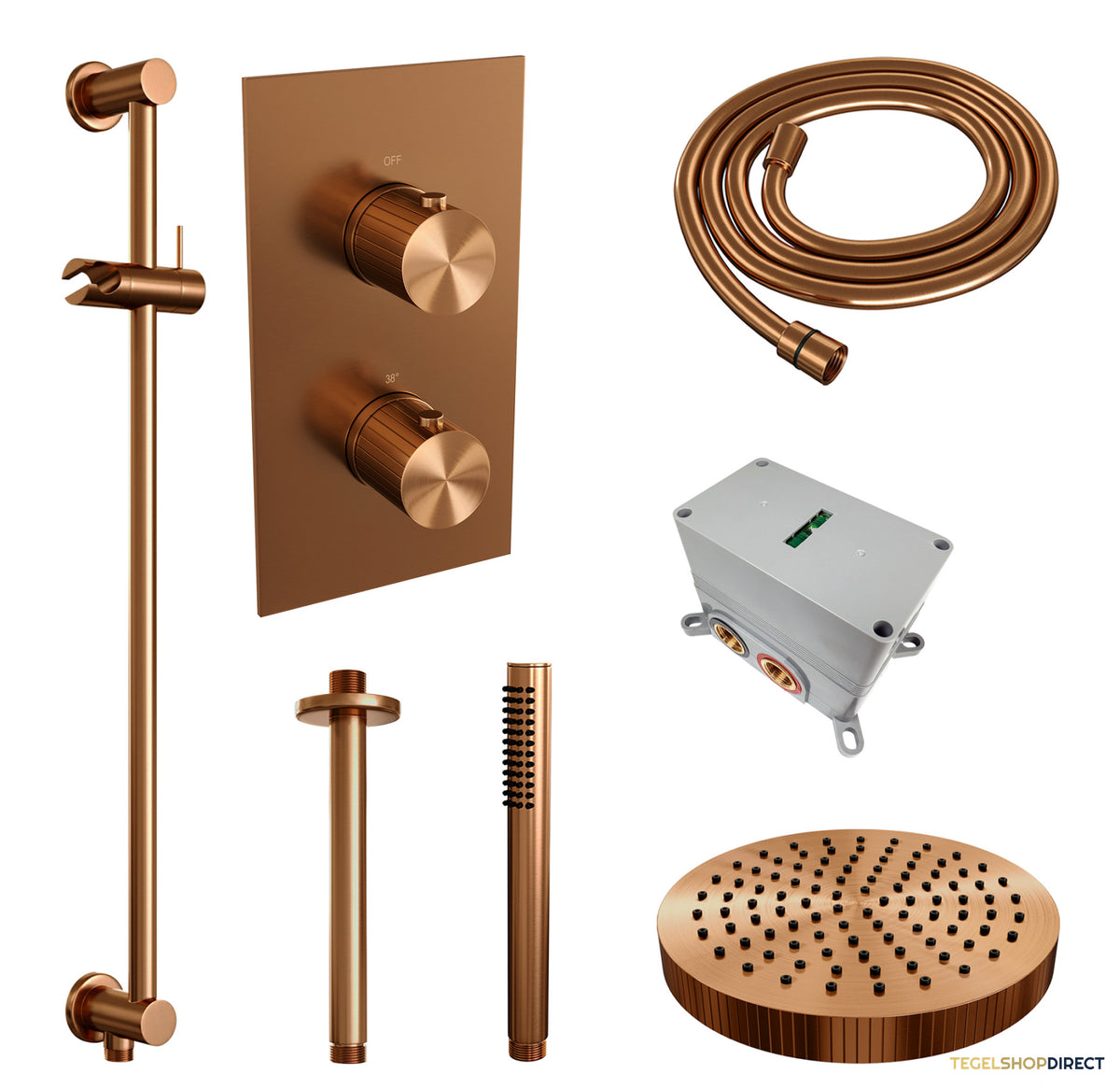 Brauer Stripe thermostatische inbouw regendouche 3-weg rechthoekig SET 21 met 25 cm douchekop en plafondarm en staaf handdouche en doucheslang en geintegreerde glijstang koper geborsteld PVD – afbeelding 3