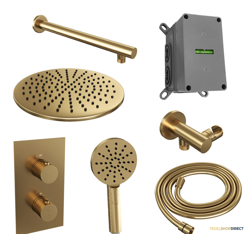Regendoucheset Inbouw Brauer Gold Edition Thermostatisch 30cm met 3-Weg Omstelling, Wandarm en 3-Standen Handdouche Geborsteld Goud – afbeelding 2