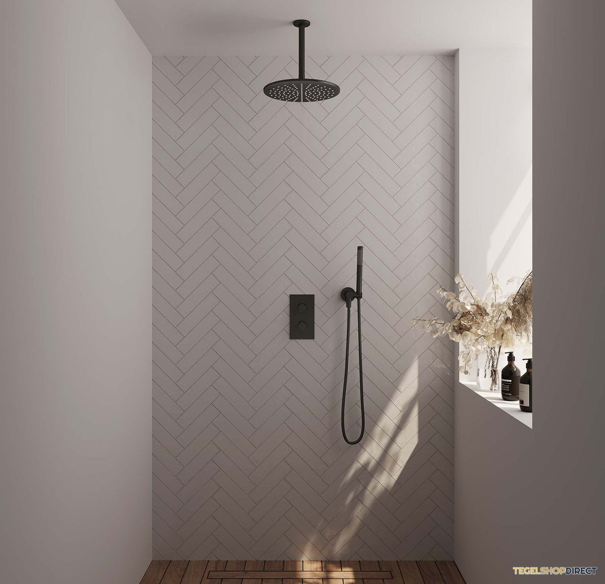 Regendoucheset Inbouw Brauer Black Carving Thermostatisch 30cm met 3-Weg Omstelling, Plafondarm en Staaf Handdouche Mat Zwart – afbeelding 2