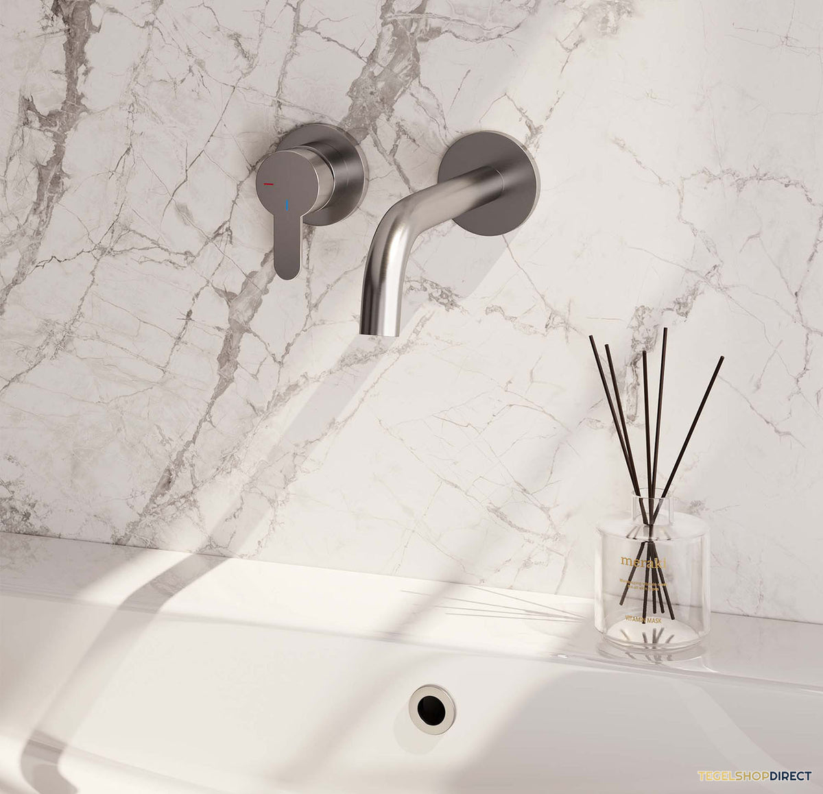 Inbouw Wastafelmengkraan Brauer Brushed Edition Coldstart Gebogen Uitloop Korte Platte Hendel Links Geborsteld RVS PVD Met Rozetten – afbeelding 2