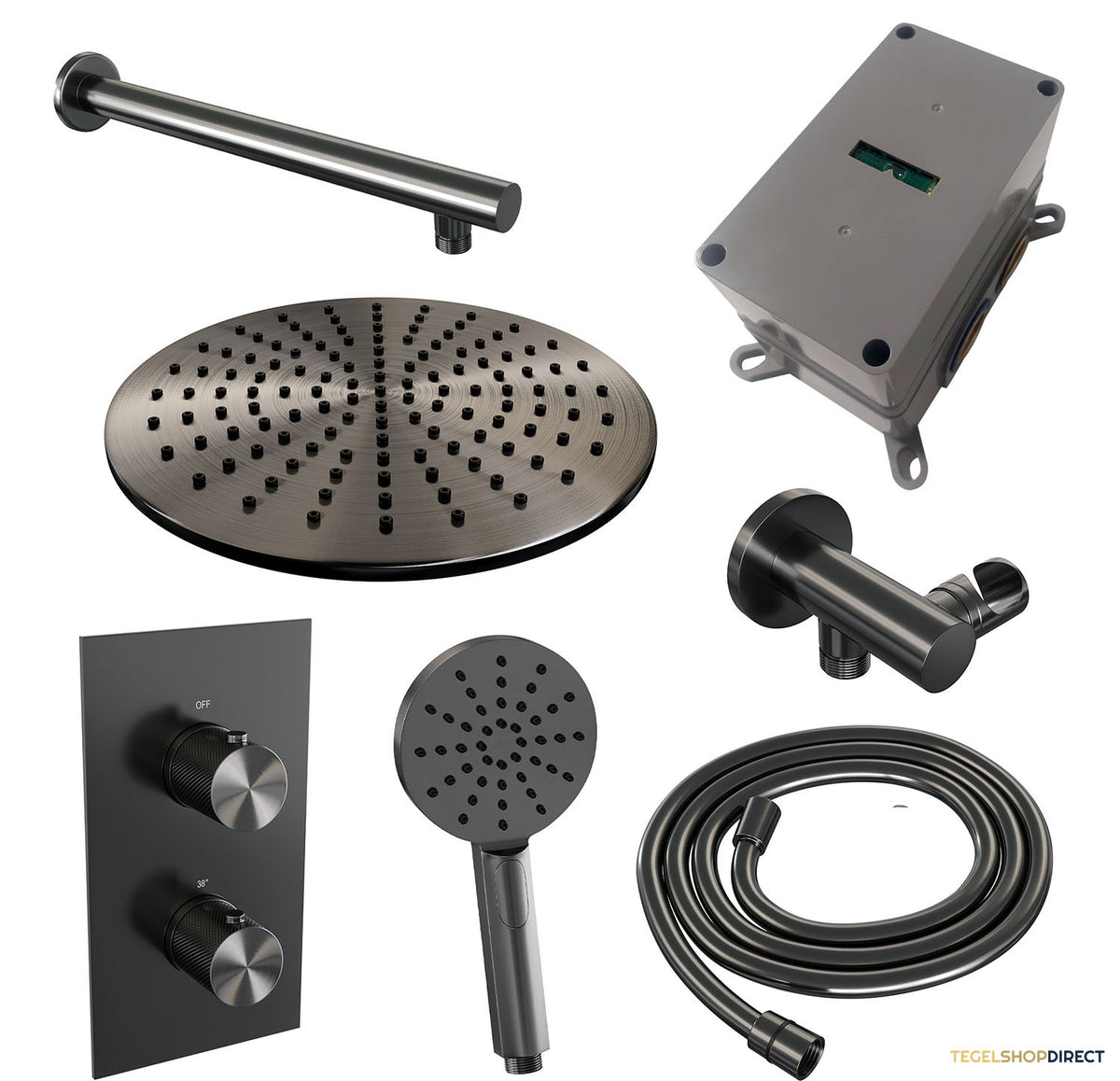 Regendoucheset Inbouw Brauer Gunmetal Carving Thermostatisch 30cm met 3-Weg Omstelling, Wandarm en 3-Standen Handdouche Geborsteld Gunmetal – afbeelding 4
