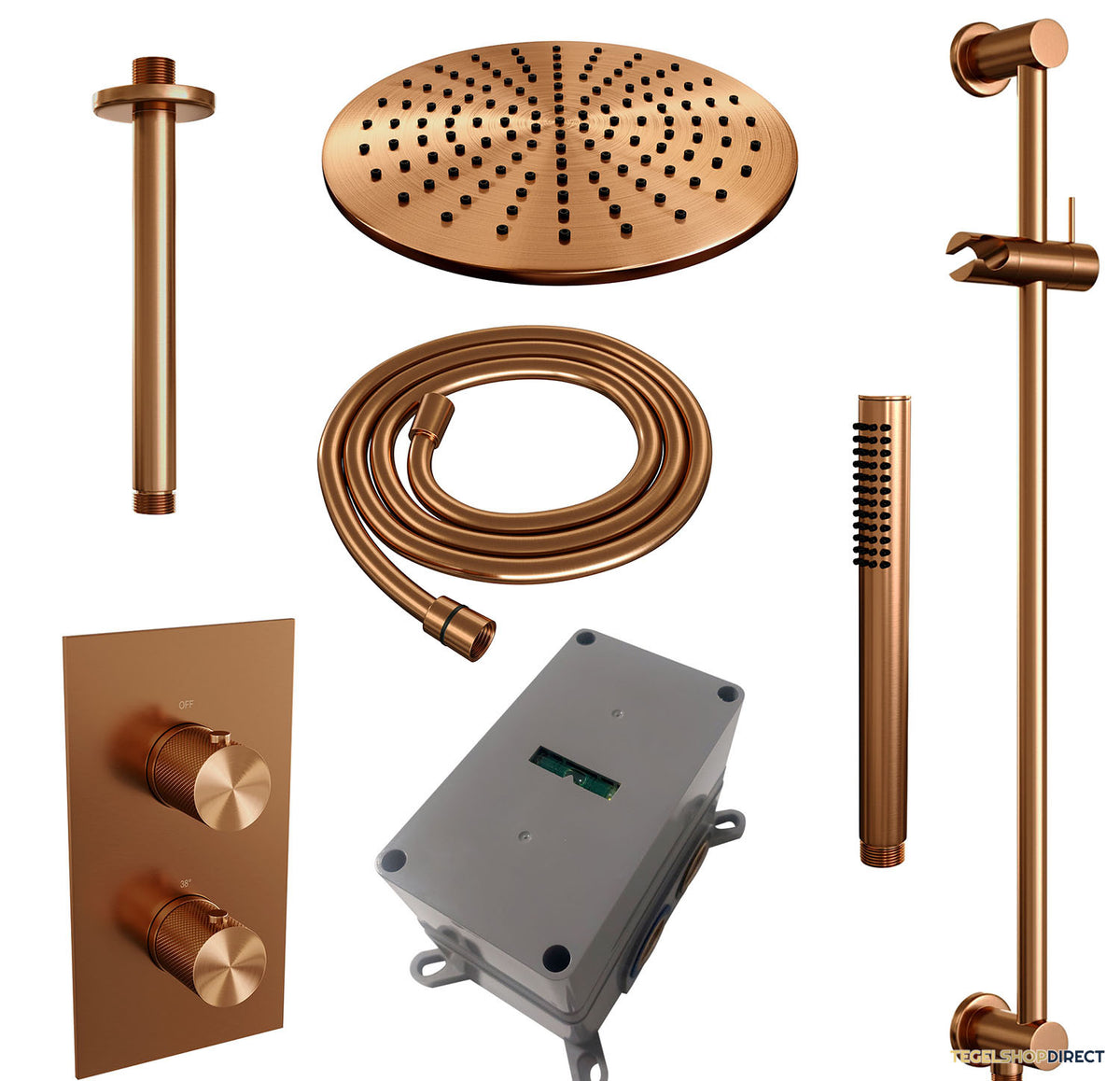 Regendoucheset Inbouw Brauer Copper Carving Thermostatisch 30cm met 3-Weg Omstelling, Plafondarm, Glijstang en Staaf Handdouche Geborsteld Koper – afbeelding 3