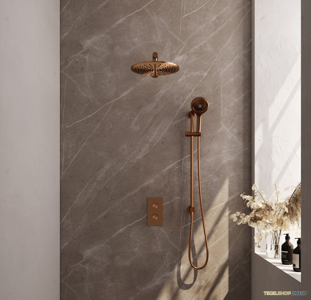 Inbouw Regendouche Set Brauer Copper Edition Wanduitloop Ronde Hoofddouche 30 cm Met Glijstang en Handdouche 3 Standen Koper