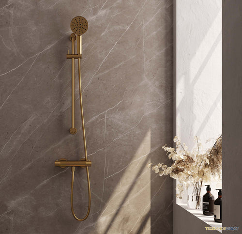 Douchekraanset Brauer Gold Carving Opbouw Met Glijstang En Ronde Handdouche Geborsteld Goud