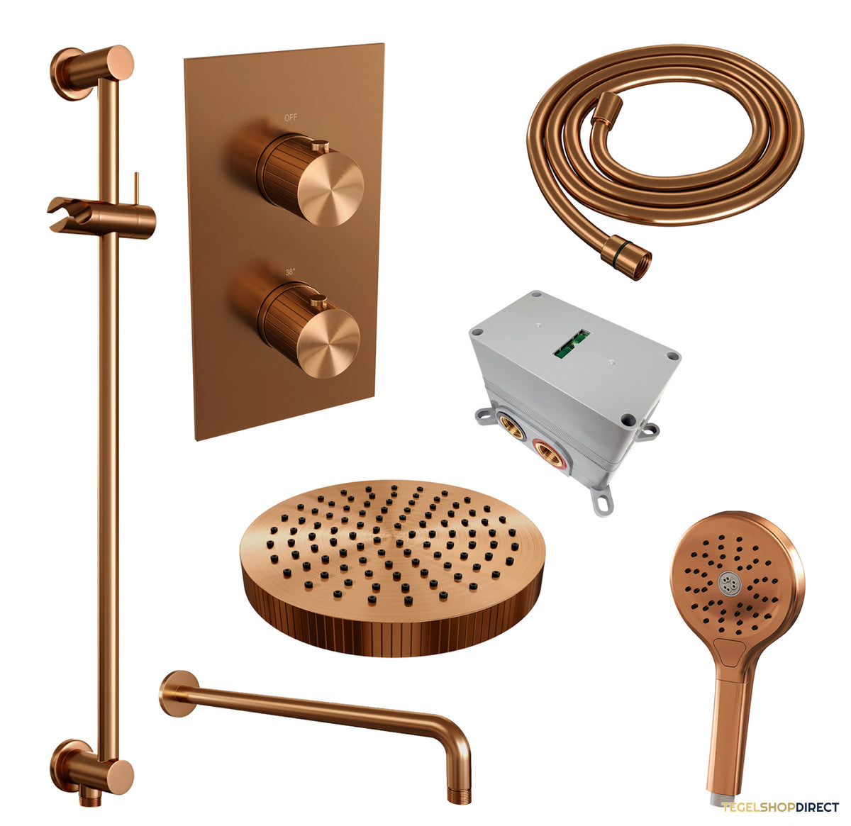 Brauer Stripe thermostatische inbouw regendouche 3-weg rechthoekig SET 23 met 25 cm douchekop en gebogen muurarm en 3-standen handdouche en doucheslang en geintegreerde glijstang koper geborsteld PVD – afbeelding 3