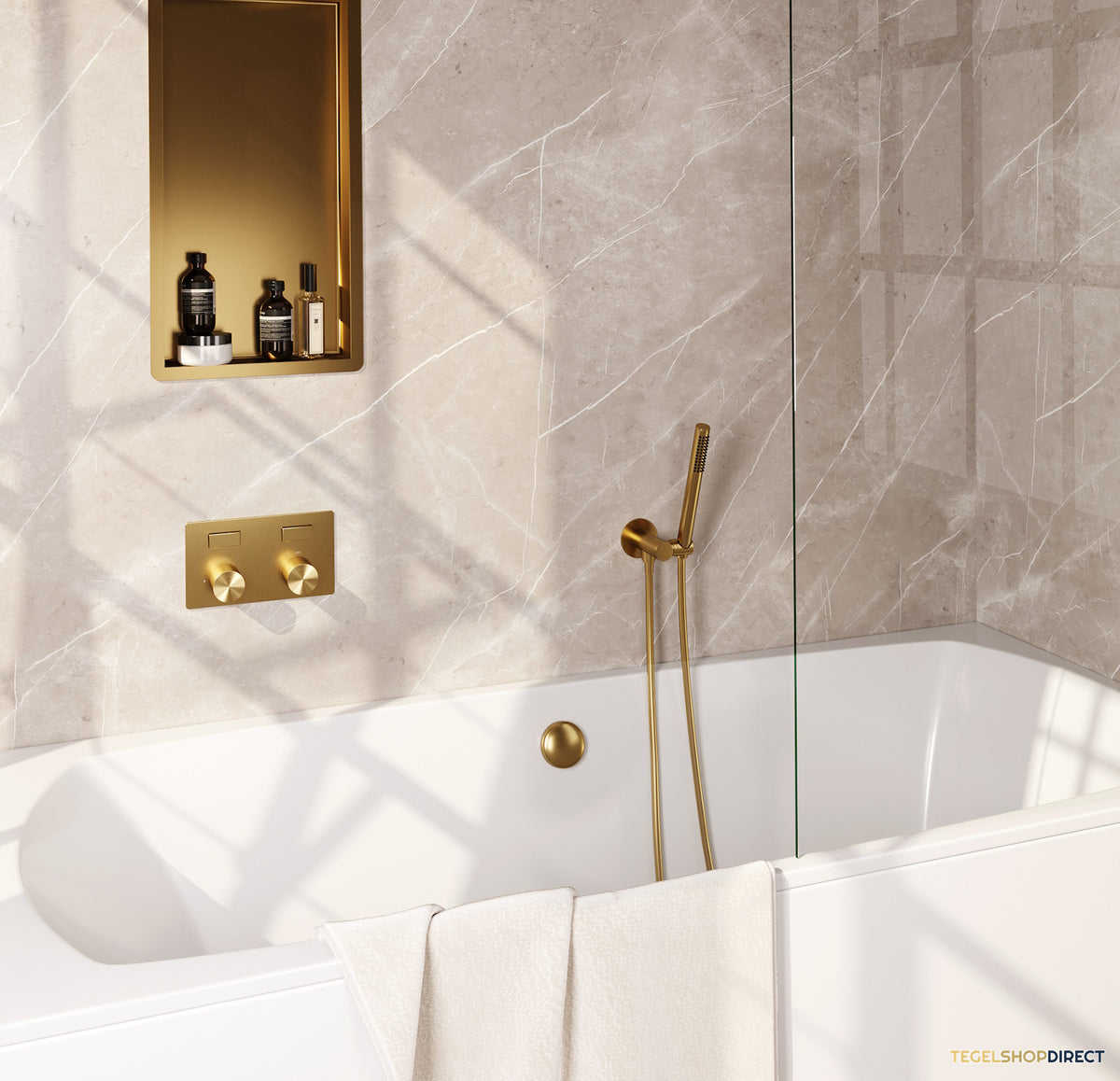 Inbouwthermostaat set Brauer Carving Met Drukknoppen Incl Baduitloop en Afvoer Goud (Keuze Handdouche)