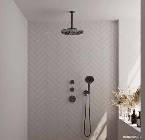 Regendoucheset Inbouw Brauer Gunmetal Carving Thermostatisch 30cm met Plafondarm en Handdouche 3-Standen Losse Stopkranen Geborsteld Gunmetal