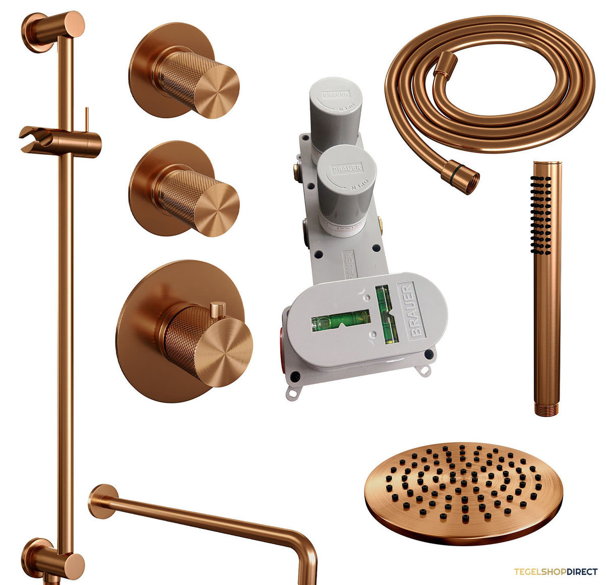 Regendoucheset Inbouw Brauer Copper Carving Thermostatisch 20cm met Gebogen Wandarm, Glijstang en Handdouche Staaf Losse Stopkranen Geborsteld Koper – afbeelding 3