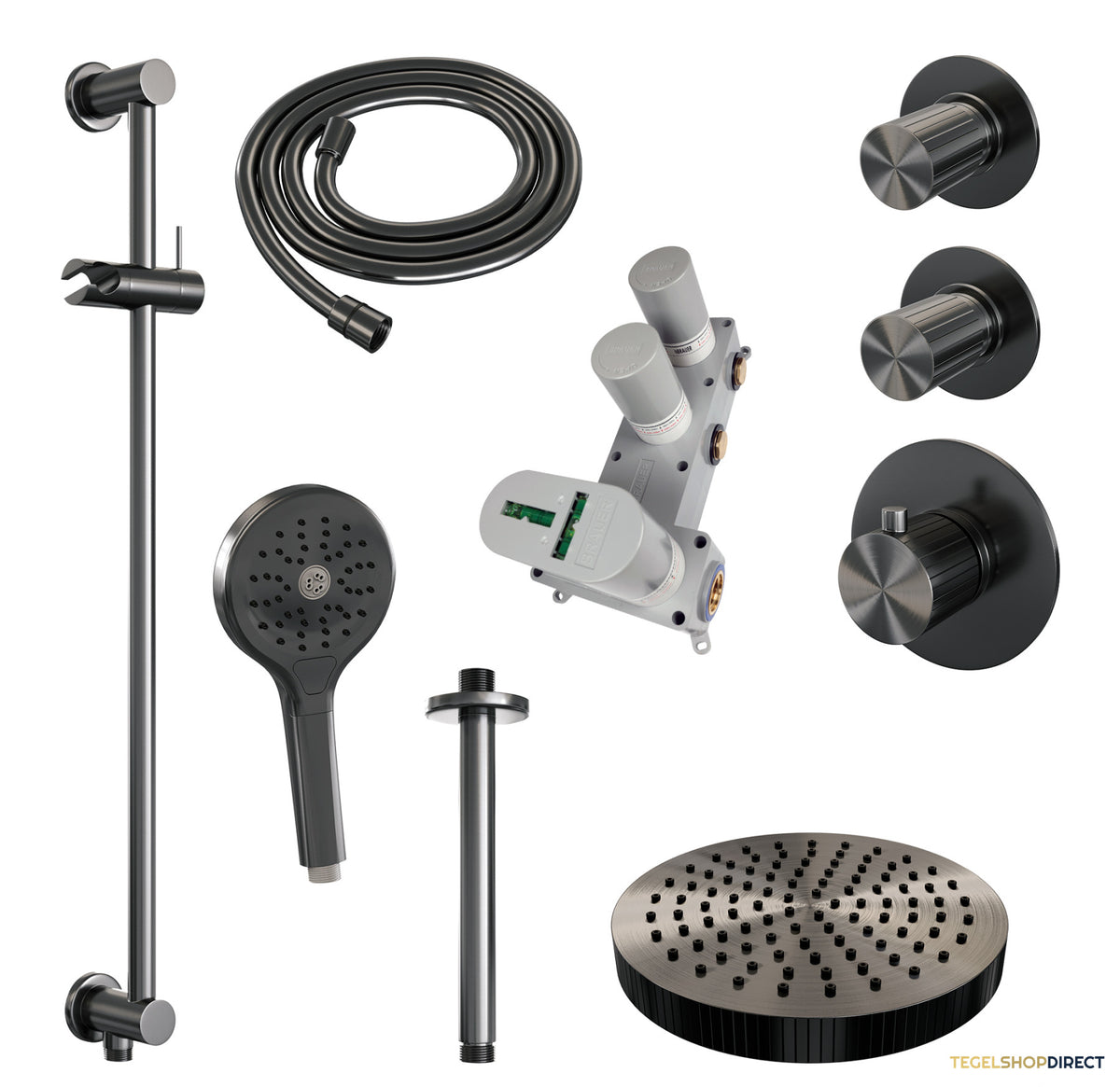 Brauer Stripe thermostatische inbouw regendouche SET 12 met 25 cm douchekop en plafondarm en 3-standen handdouche en doucheslang en geintegreerde glijstang gunmetal geborsteld PVD – afbeelding 3