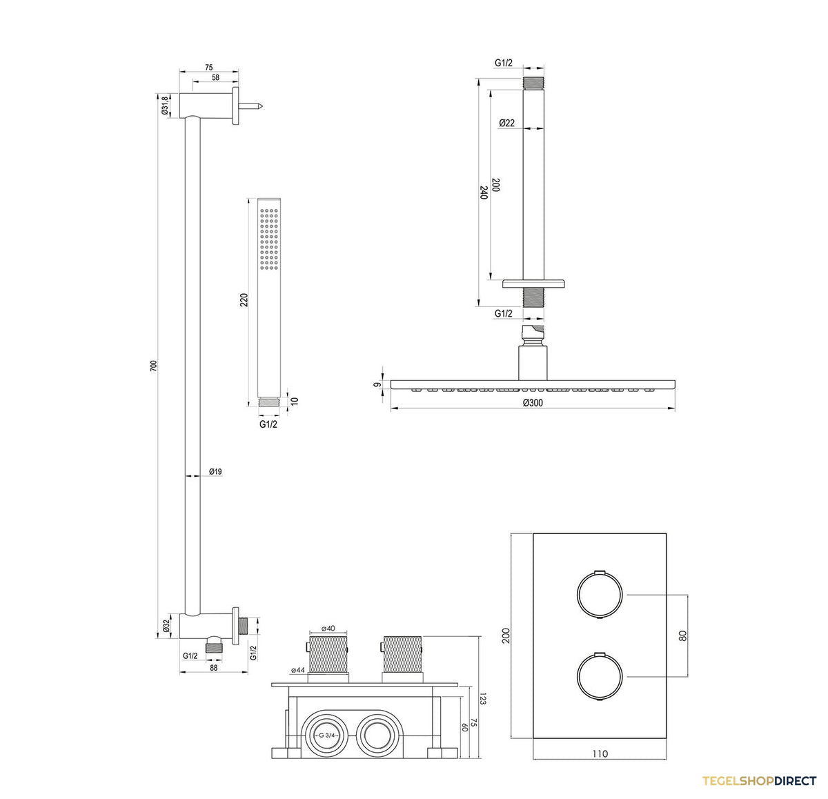 Regendoucheset Inbouw Brauer Brushed Carving Thermostatisch 30cm met 3-Weg Omstelling, Plafondarm, Glijstang en Staaf Handdouche Geborsteld RVS – afbeelding 12