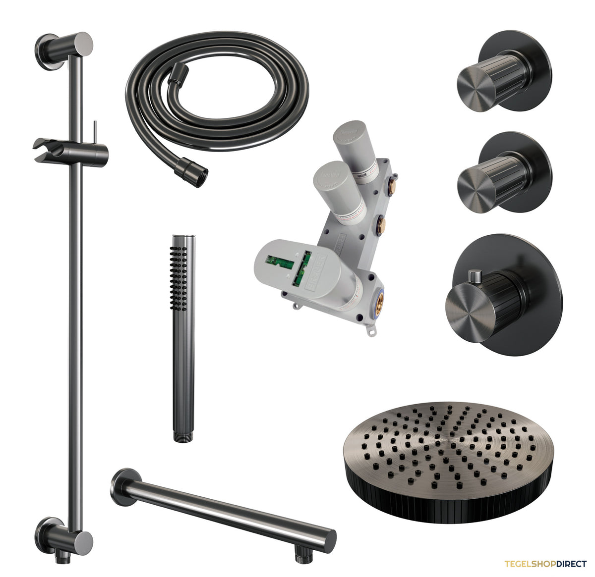 Brauer Stripe thermostatische inbouw regendouche SET 07 met 25 cm douchekop en rechte muurarm en staaf handdouche en doucheslang en geintegreerde glijstang gunmetal geborsteld PVD – afbeelding 3