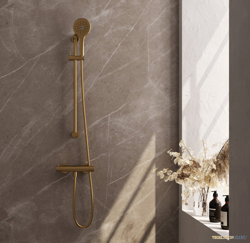Brauer Stripe opbouw douche thermostaatkraan SET 02 met glijstang en 3-standen handdouche en doucheslang goud geborsteld PVD